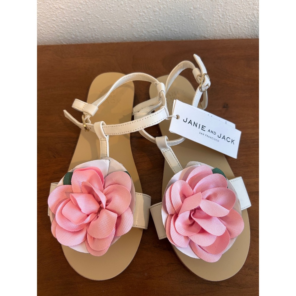 Janie and Jack Girls White Pink Flower T-Strap Sandals Easter Shoes 4K NEW - Picture 2 of 7